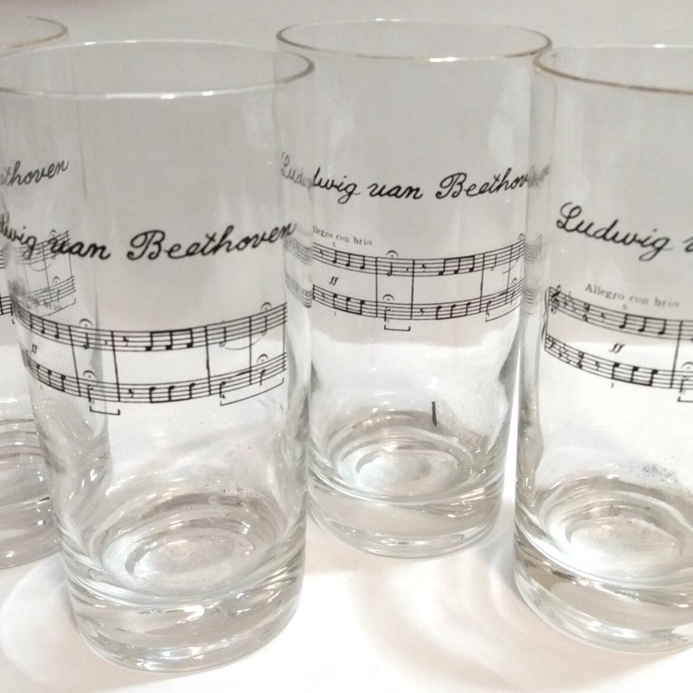 4 -  BEETHOVEN Musical Notes, Gold Rimmed, Drinking Glasses for Highballs etc